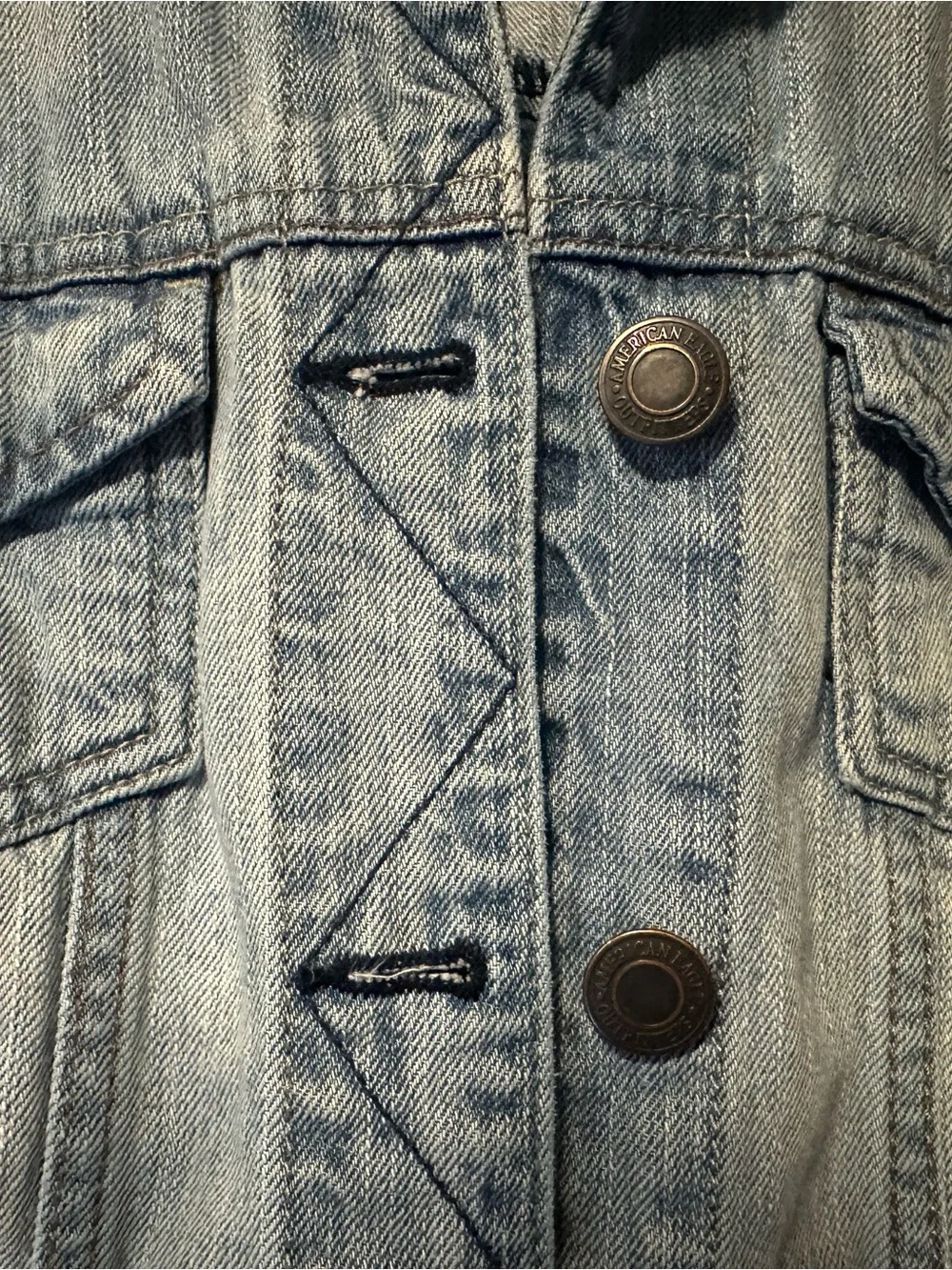 American Eagle Outfitters Light Blue Denim Jacket with Gray Knit Sleeves